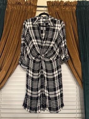 INC Black & White Plaid Knot-Front Shirt Dress